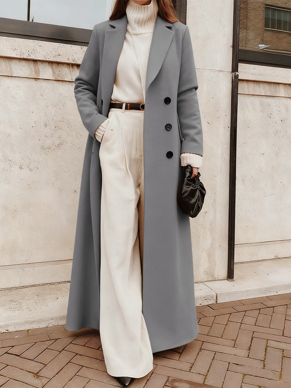 Casual Long Solid Color Warm Woolen Overcoat-Gray