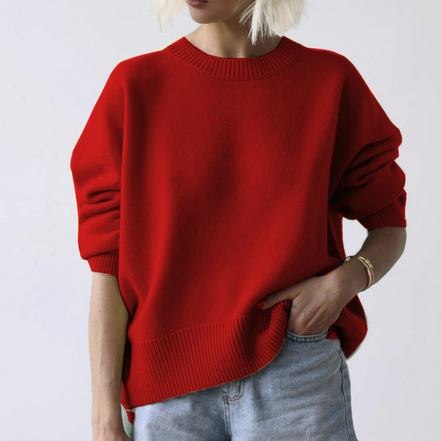 Best-Selling Women's Knit Sweater – Round Neck, Solid Color, Loose Fit—Red