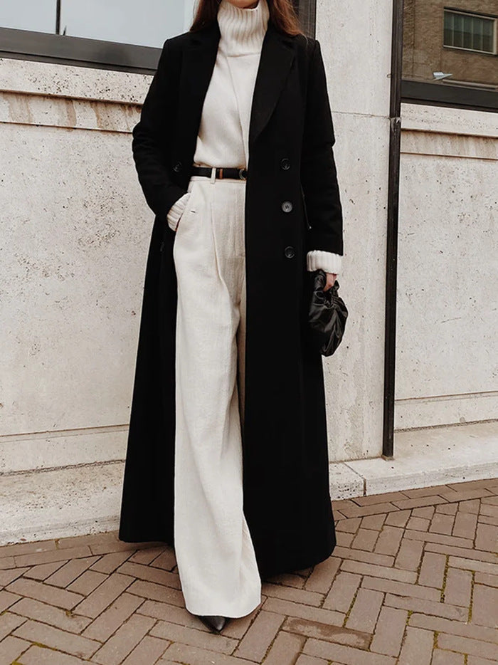 Casual Long Solid Color Warm Woolen Overcoat-Black