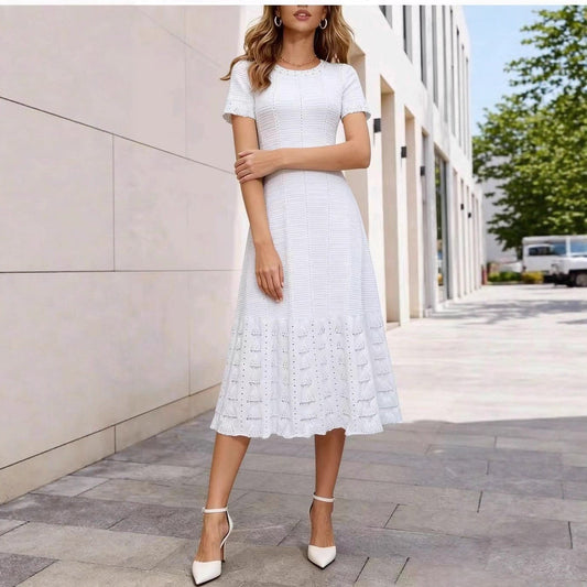 Cross-Border Round Neck Beaded Knit Dress Short Sleeve Hollow Out Waist-Cinching Slimming Long Dress