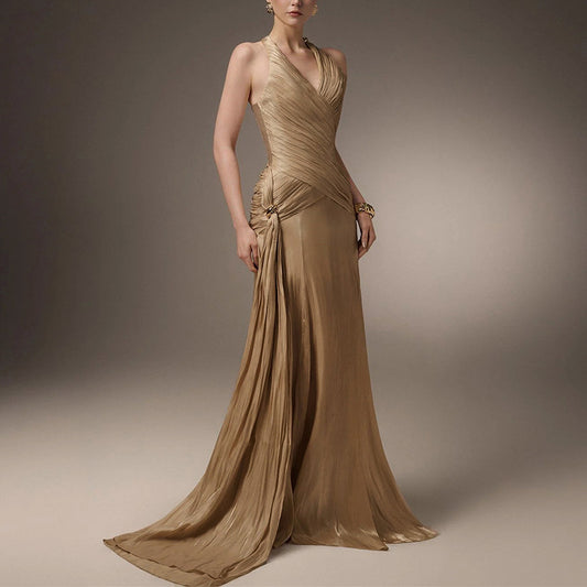 Fashionable Elegant Women's Dress Banquet & Resort Style, Ruched High Waist, Sleeveless Long Dress