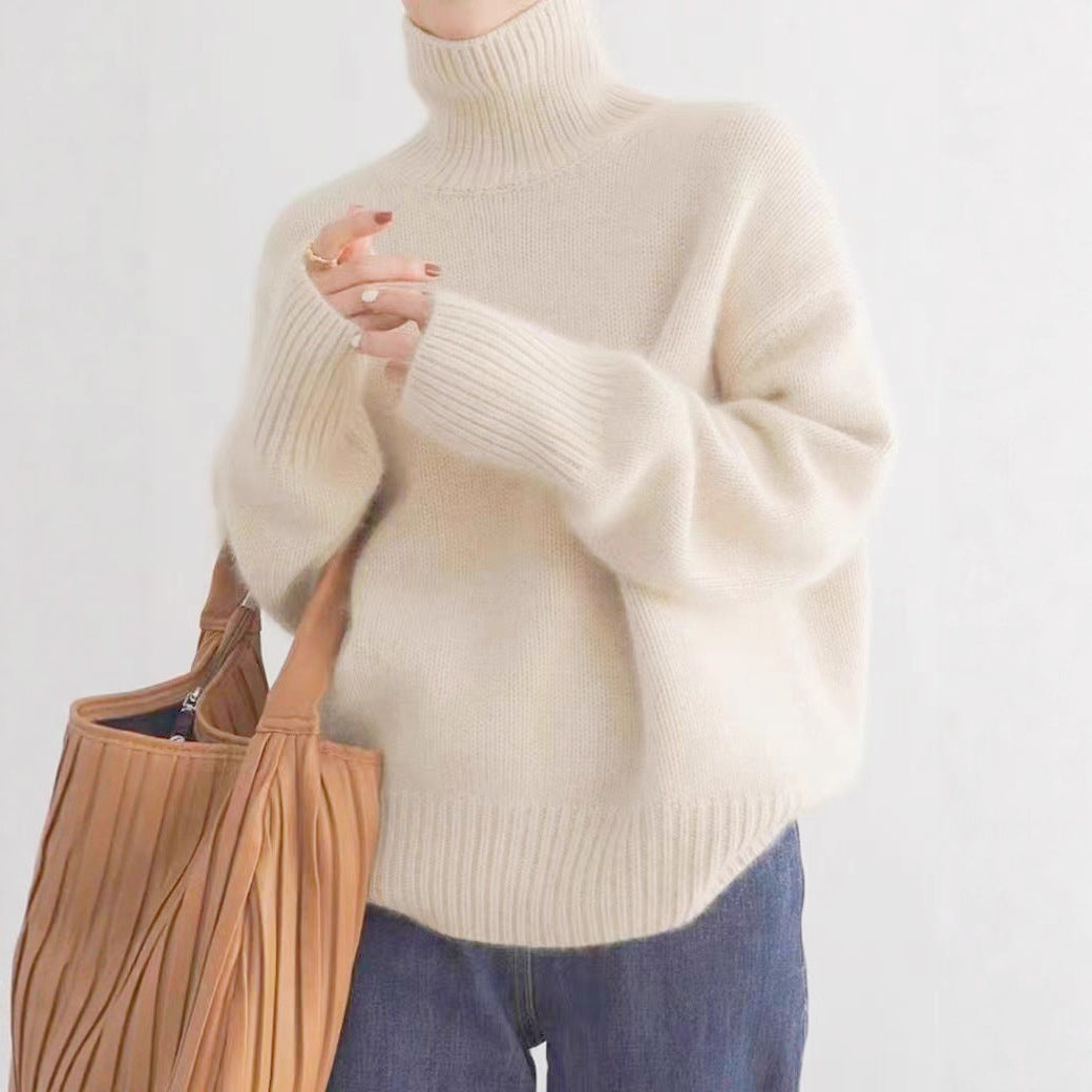 Women's Turtleneck Sweater – Loose-Fit Versatile Knit Pullover, Effortless Style Layering Top—White